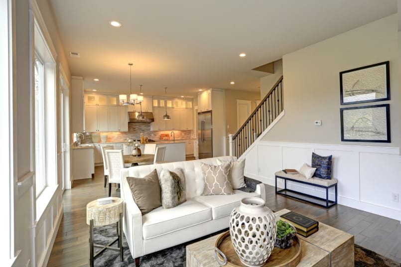 High shaker-style painted wainscot in Great Room