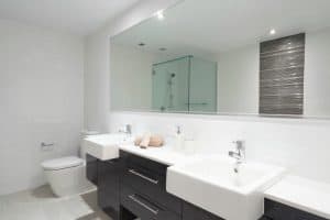 Double vanity with two white sinks mirror above and toilet beside